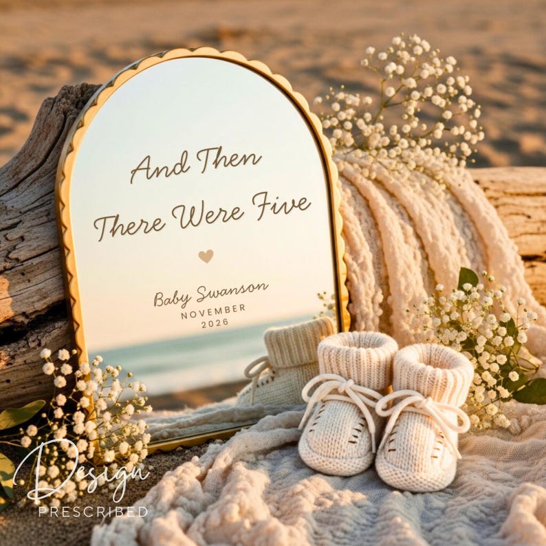 Gender neutral 3rd baby pregnancy announcement template featuring a beach sunset scene with scalloped gold mirror, neutral knit baby booties, soft florals and textured ivory blanket. “And Then There Were Five” third baby reveal perfect for boy or girl. Coastal spring, summer, fall or winter baby announcement. Editable in Canva, instant digital download. Add ultrasound photo option. Share on Instagram, Facebook and social media. Minimalist, modern boho family growing announcement.