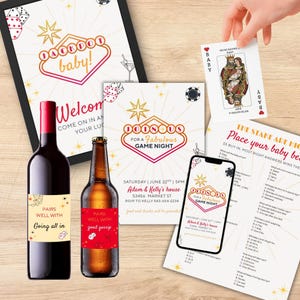 Kit de révélation de grossesse soirée jeu, faire-part de bébé casino, soirée poker canva modifiable ou invitation de carte à jouer, étiquettes, enseigne, paris bébé