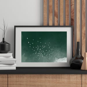 Green Japanese art print of a flock of white birds