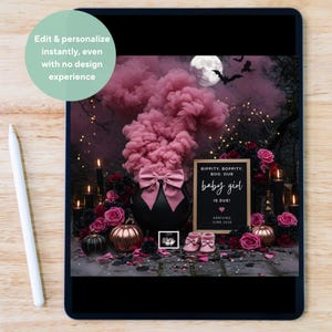 May include: A digital pregnancy announcement on a tablet. The design features a black cauldron with a pink bow, surrounded by roses, pumpkins, and candles. Text reads "BIPPITY, BOPPITY, BOO, OUR baby girl IS DUE! ARRIVING JUNE 2020."