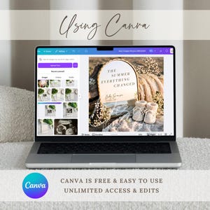May include: A laptop screen displaying the Canva interface with a design project featuring an arched sign that reads THE SUMMER EVERYTHING CHANGED, Baby Swanson, and FEBRUARY 2027, alongside baby booties and dried flowers in the design preview.