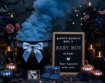May include: A Halloween-themed baby announcement featuring a black cauldron with blue smoke, a sign that reads "Baby Boy is Due!" and baby booties. The scene includes pumpkins, candles, and floral arrangements, creating a festive atmosphere.