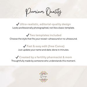 May include: A white digital graphic with black text reading Premium Quality, followed by four bullet points detailing features: ultra-realistic design, two templates included, fast and easy Canva editing, and creation by a fertility pharmacist and mom.