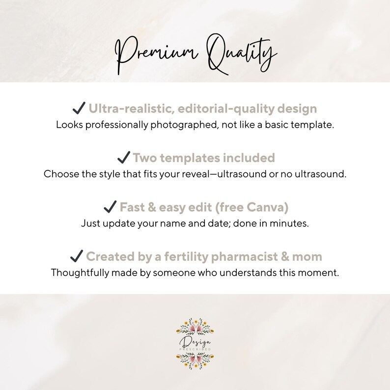 May include: A white digital graphic with black text reading Premium Quality, followed by four bullet points detailing features: ultra-realistic design, two templates included, fast and easy Canva editing, and creation by a fertility pharmacist and mom.