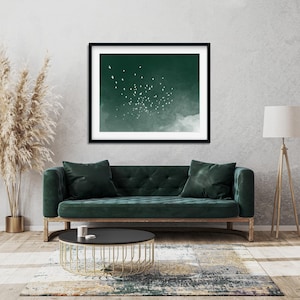 Green Japanese art print of a flock of white birds