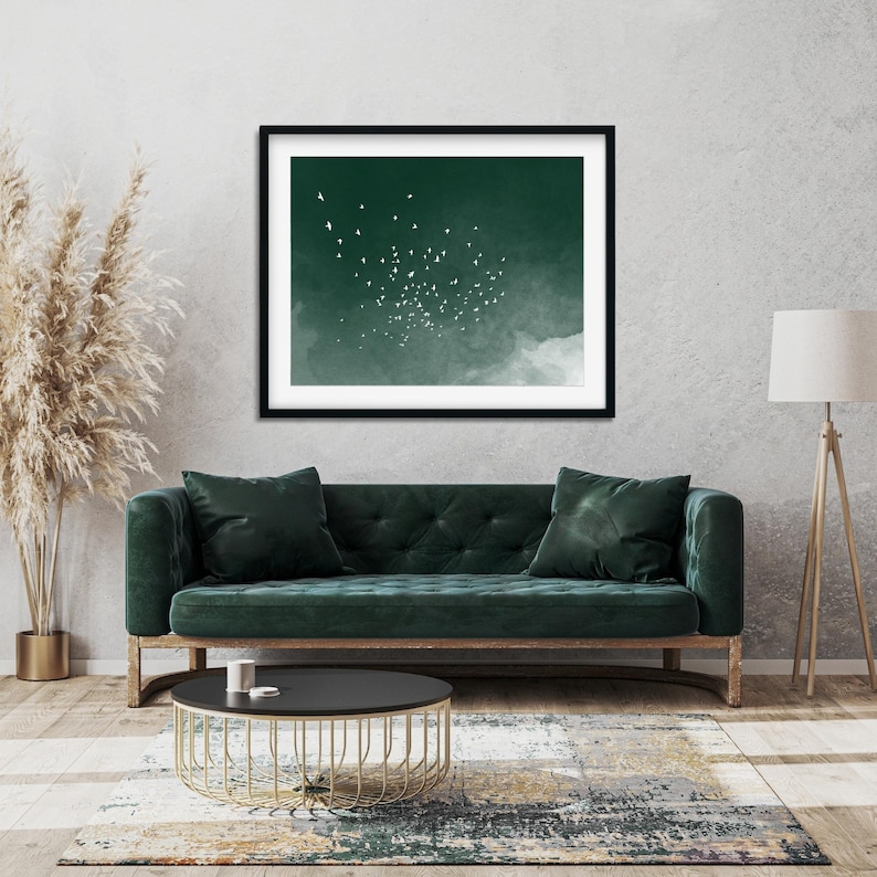 Green Japanese art print of a flock of white birds