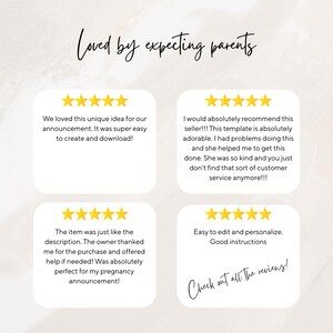 May include: A graphic display featuring the text Loved by expecting parents at the top and Check out all the reviews at the bottom. Four white rounded square boxes each contain five yellow stars and customer feedback text regarding a template.