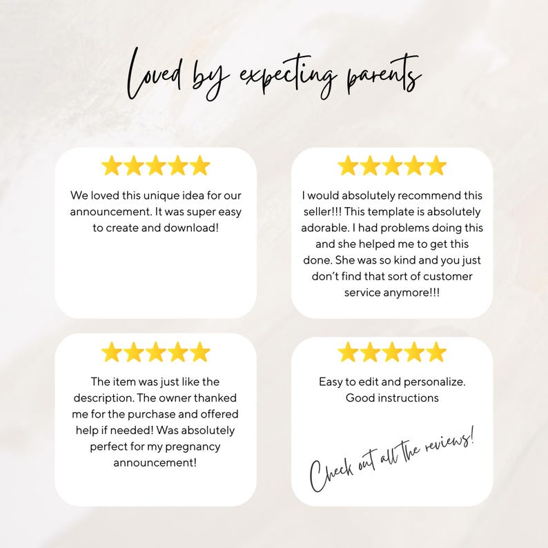 May include: A graphic display featuring the text Loved by expecting parents at the top and Check out all the reviews at the bottom. Four white rounded square boxes each contain five yellow stars and customer feedback text regarding a template.
