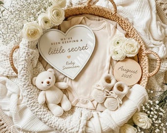 Little Secret Digital Pregnancy Announcement,Revealing New Baby Social Media,Boho Teddy Bear Editable Canva Template Download,Gender Neutral