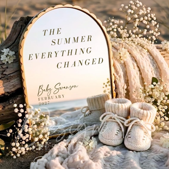 Summer Pregnancy Announcement Template, Neutral Coastal Baby Reveal for Social Media, Editable First Baby Surprise, Canva Digital Download