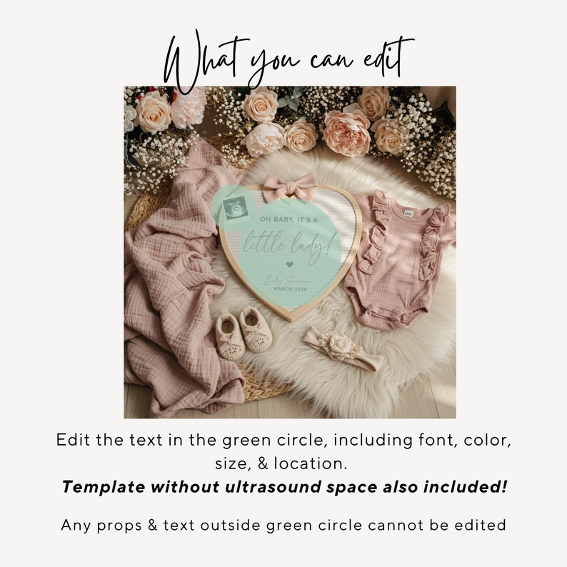 May include: A baby announcement photo featuring a heart-shaped sign with the text "Oh baby, it's a little lady!" surrounded by baby clothes, shoes, and a headband. The sign is light blue with a wooden frame. The overall color scheme is soft pink and cream.