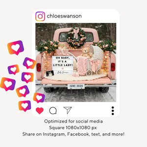 May include: A pink vintage truck bed decorated for a baby shower. The bed holds a baby carriage, a teddy bear, and a sign that reads "OH BABY, IT'S A LITTLE LADY!" with the date "JUNE 2026". The truck is adorned with floral arrangements and fairy lights.