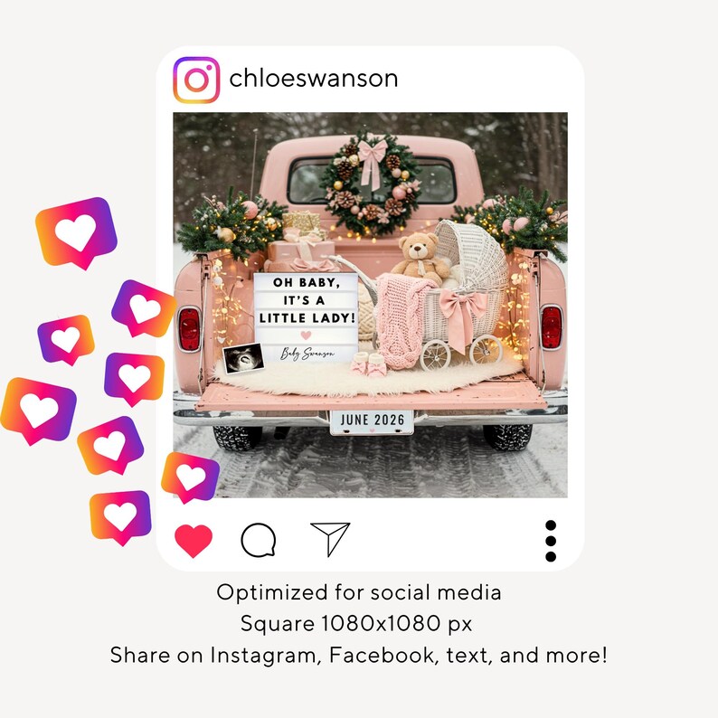 May include: A pink vintage truck bed decorated for a baby shower. The bed holds a baby carriage, a teddy bear, and a sign that reads "OH BABY, IT'S A LITTLE LADY!" with the date "JUNE 2026". The truck is adorned with floral arrangements and fairy lights.