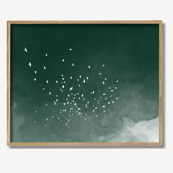 Green Japandi flock of birds wall art, minimalist Japandi wall art, dark green watercolor bird print, flock of birds print Japanese bird art