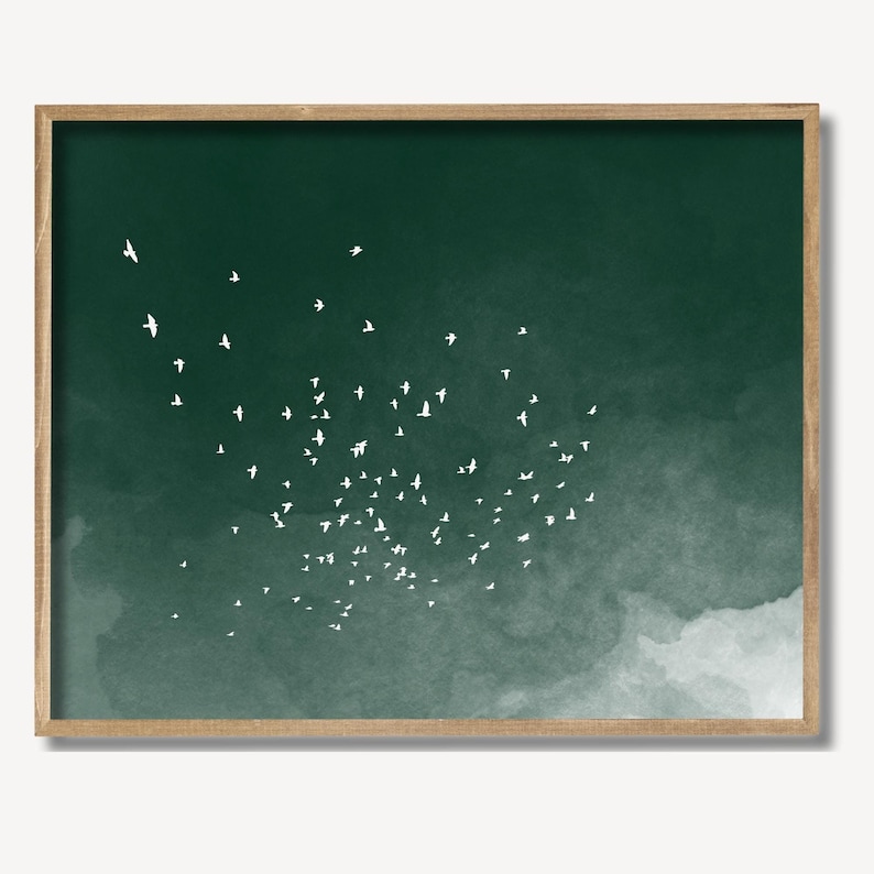 Green Japandi art print of a flock of birds