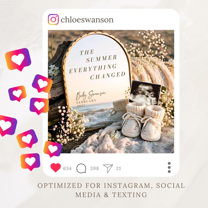 Coastal summer baby announcement template featuring a dreamy beach sunset backdrop, elegant neutral styling, white florals, knit baby shoes, and an editable mirror sign that reads “The Summer Everything Changed.” Designed for modern parents sharing a summer pregnancy reveal, this Canva template is ideal for beach pregnancy announcements, summer due date reveals, first baby announcements, ultrasound announcements, neutral pregnancy reveals, and stylish social media baby announcements.
