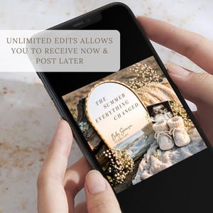 May include: A smartphone displaying a digital pregnancy announcement template featuring an arched mirror with the text THE SUMMER EVERYTHING CHANGED, Baby Swanson, and FEBRUARY 2025, alongside a sonogram, cream-colored baby booties, and flowers.