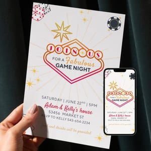 Invitación para una noche de juegos de Las Vegas, plantilla editable en Canva para una fiesta de casino retro, descarga digital para adultos, cumpleaños, noche de póker