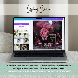 May include: A laptop displaying a Canva design interface. The screen shows a baby reveal scene with pink smoke, pumpkins, and a sign that reads "baby girl." The text "Using Canva" is at the top, and the bottom text says "Canva is free and easy to use."