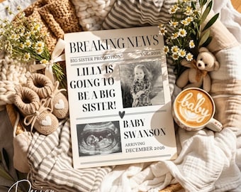 Second Baby Pregnancy Announcement, Newspaper Sibling Promotion Reveal, Gender Neutral Social Media Template, Digital Download,Edit in Canva