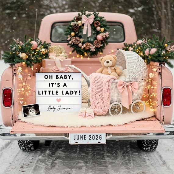 Christmas Pregnancy Announcement | Baby Girl Gender Reveal Canva Template | Editable Digital Download Social Media | December Little Sister