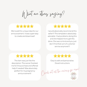May include: A light beige graphic with customer reviews. The text "What are others saying?" is at the top. Four white boxes contain customer testimonials with five-star ratings. The bottom right corner has the text "Check out all the reviews for more!"