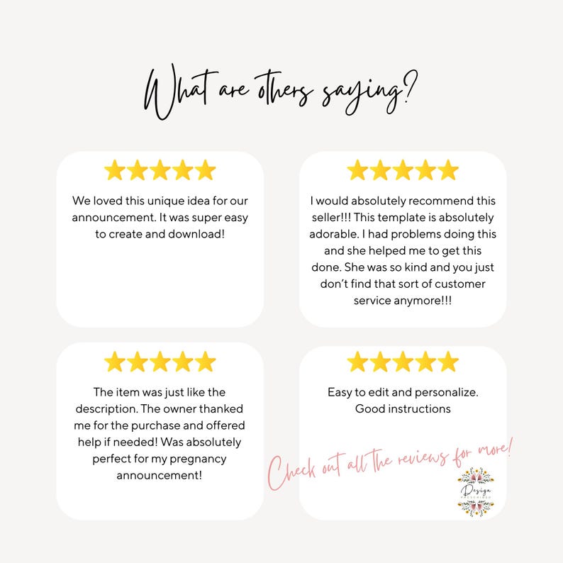May include: A light beige graphic with customer reviews. The text "What are others saying?" is at the top. Four white boxes contain customer testimonials with five-star ratings. The bottom right corner has the text "Check out all the reviews for more!"