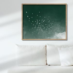 Green Japanese art print of a flock of white birds