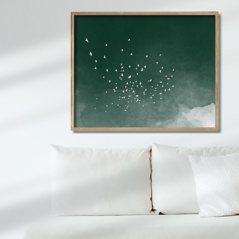 Green Japanese art print of a flock of white birds