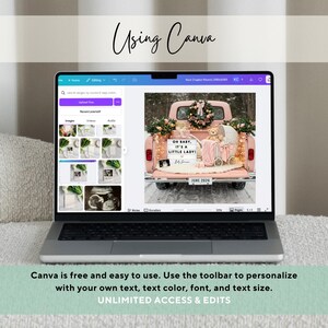 May include: A laptop displays a Canva design featuring a pink vintage truck decorated for a baby reveal. The design includes the text "OH BABY, IT'S A LITTLE LADY!" and "JUNE 2026". The screen also shows editing tools and image options.