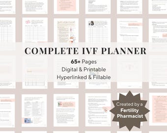 May include: A Complete IVF Planner with 65+ pages, digital and printable, hyperlinked and fillable. Created by a fertility pharmacist. The pages have a soft pink and white colour scheme.