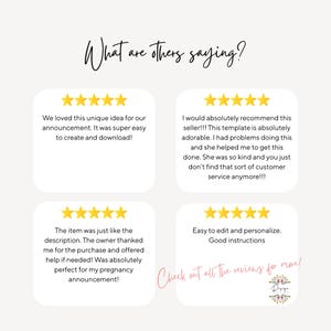 May include: A light beige graphic with customer reviews. The text "What are others saying?" is at the top. Four white boxes contain customer testimonials with five-star ratings. The bottom right corner has the text "Check out all the reviews for more!"