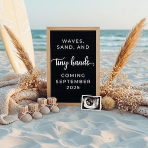 Beach theme twin pregnancy announcement, Canva editable social media twin pregnancy reveal, surf baby template sand coastal pregnancy reveal