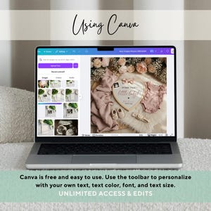 May include: A laptop displaying a Canva design interface. The screen shows a baby announcement with a heart-shaped frame, baby clothes, and shoes. The text "OH BABY IT'S A little lady!" is visible. The image also includes the text "Canva is free and easy to use."