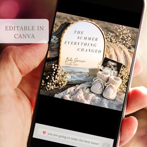 Editable summer pregnancy announcement with ultrasound photo option, styled on a sandy beach with soft sunset lighting, cream knit textures, baby booties, driftwood, and a gold arched mirror displaying customizable baby details. Perfect for announcing a pregnancy on Instagram or Facebook, this coastal baby reveal captures a romantic Cape Cod-inspired summer aesthetic for first baby announcements, rainbow baby reveals, IVF pregnancy announcements, beach baby announcements, and due date reveals.