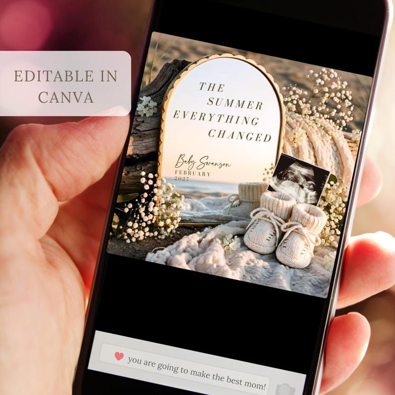 Editable summer pregnancy announcement with ultrasound photo option, styled on a sandy beach with soft sunset lighting, cream knit textures, baby booties, driftwood, and a gold arched mirror displaying customizable baby details. Perfect for announcing a pregnancy on Instagram or Facebook, this coastal baby reveal captures a romantic Cape Cod-inspired summer aesthetic for first baby announcements, rainbow baby reveals, IVF pregnancy announcements, beach baby announcements, and due date reveals.