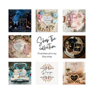 May include: A collage of eight baby-themed product displays featuring various items like a blue smoke cauldron, heart-shaped signs, baby clothing, teddy bears, and a light blue truck, with the central text Shop The collection Find them all in my Etsy shop.