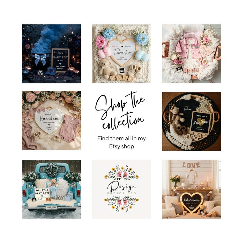 May include: A collage of eight baby-themed product displays featuring various items like a blue smoke cauldron, heart-shaped signs, baby clothing, teddy bears, and a light blue truck, with the central text Shop The collection Find them all in my Etsy shop.