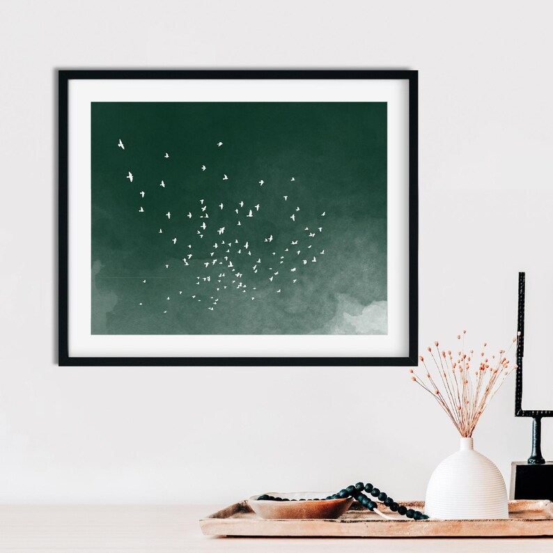 Green Japanese art print of a flock of white birds