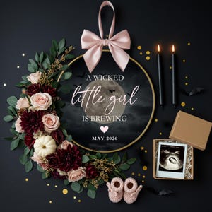 Faire-part de grossesse Halloween fille, sexe effrayant bébé fille sur les réseaux sociaux, téléchargement numérique, modèle canva modifiable rose échographie