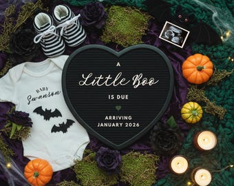 May include: A Halloween-themed baby announcement with a white onesie, baby shoes, and a heart-shaped sign that reads "A Little Boo is Due Arriving January 2026." The scene includes pumpkins, candles, and decorative bats.