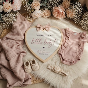 Neutral boho girl pregnancy announcement template featuring a heart-shaped letterboard with the phrase “Oh Baby, it’s a little lady!” styled with mauve pink ruffled onesie, knit baby shoes, cream headband with flower, soft muslin blanket, and blush floral arrangement. Cozy gender reveal flat lay with feminine cottagecore vibe. Canva editable, instant download, perfect for Instagram, Facebook, or social media baby reveal. Includes version with ultrasound and without.
