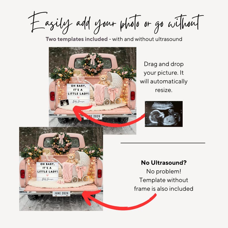 May include: Pink vintage truck bed decorated for a baby announcement. The bed contains a baby carriage, teddy bear, and a sign that reads "OH BABY, IT'S A LITTLE LADY!" with the date "JUNE 2026". Includes an ultrasound image.