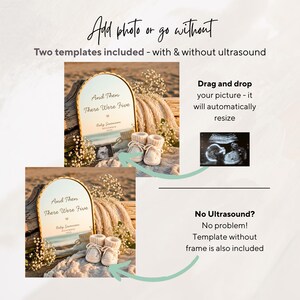 May include: A digital template for a baby announcement featuring an arched sign with the text And Then There Were Five, Baby Swanson, and November 2025. The design includes options to display an ultrasound image or omit it, alongside baby booties.