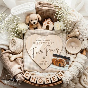 May include: A heartwarming arrangement featuring a plush puppy, a wooden house, and a heart-shaped sign that reads "Our Family Is Growing By Four Paws." Includes a photo of a puppy, a bone-shaped toy, and a bowl labeled "Biscuit."