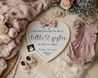 Boho Little Sister Pregnancy Announcement, Editable Social Media Canva Template, Girl Baby Reveal Digital Download with Ultrasound