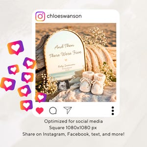 May include: An arched mirror with a gold frame displays the text And Then There Were Five, Baby Swanson, and November 2026. A pair of cream-colored knit baby booties and a sonogram image are placed in front of the mirror alongside white flowers.