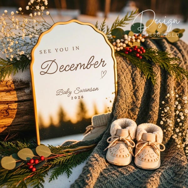 Annuncio di gravidanza per un bambino di dicembre, rivelazione digitale del sesso sui social media, data presunta del parto a dicembre, modello Canva modificabile con download immediato.