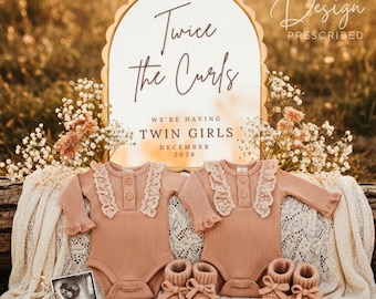 Faire-part de grossesse jumelles, téléchargement numérique, modèle de médias sociaux Boho, jumelles bébé fille, modifiable sur toile, échographie en option