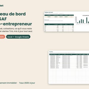 Tableau de bord URSSAF auto-entrepreneur 2026 : cotisations, seuils TVA | Excel et Google Sheets